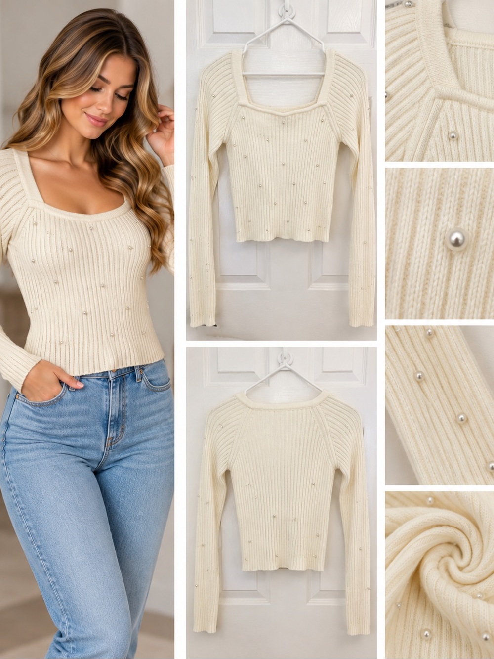 Pink Lily Cream Pearl-Accent Ribbed Square-Neck Sweater